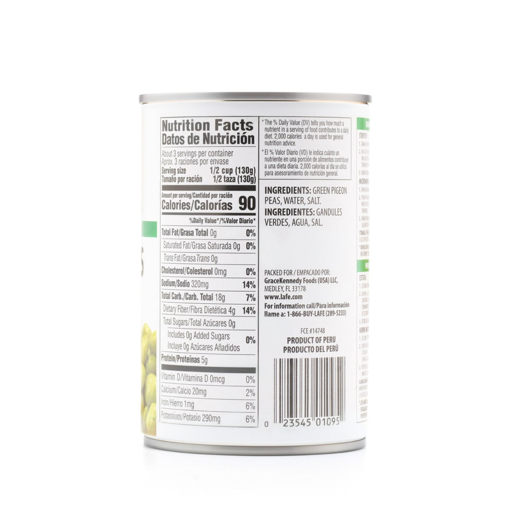 Nutrition facts label for La Fe Green Pigeon Peas, showcasing essential nutrients and ingredients in a 15 oz can.