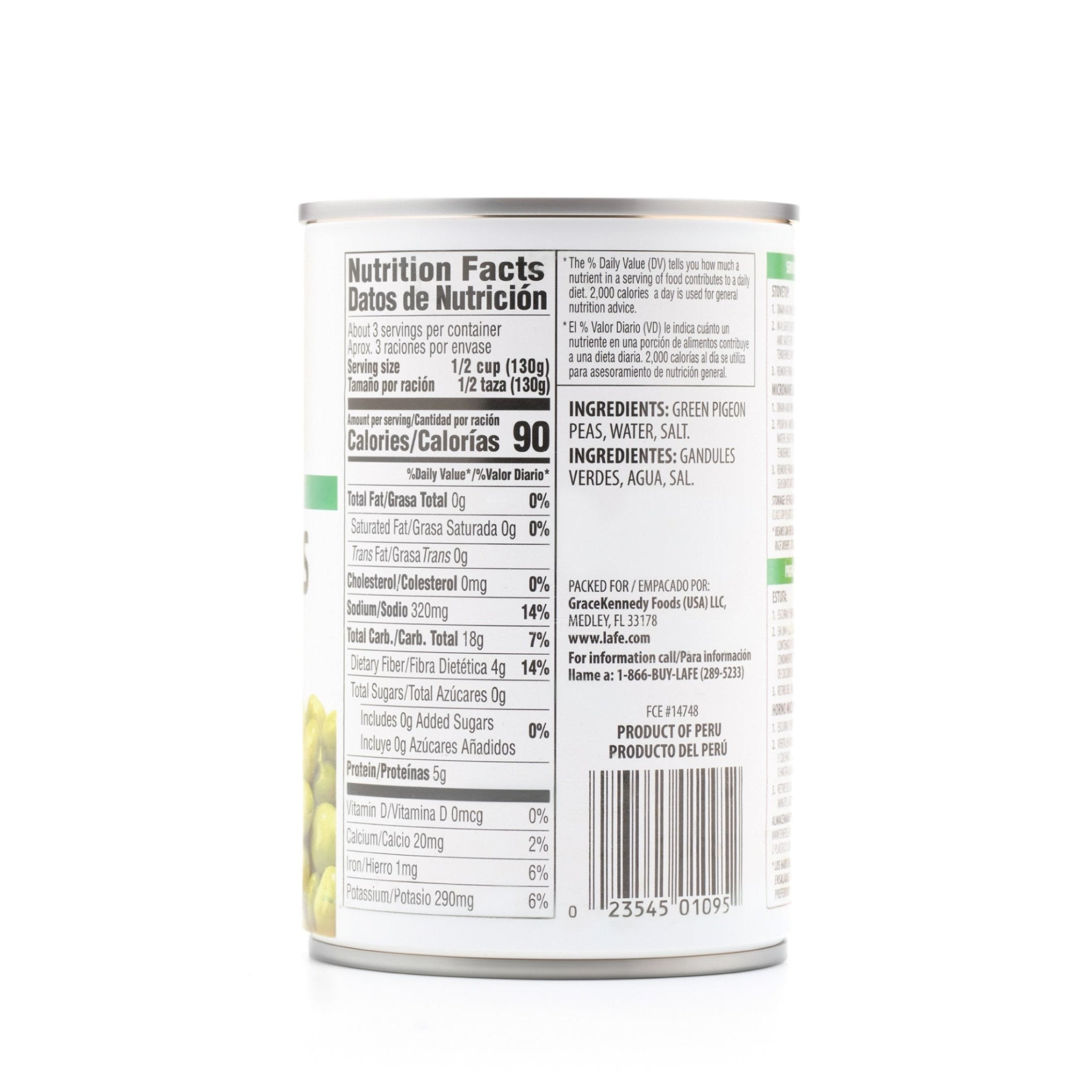 Nutrition facts label for La Fe Green Pigeon Peas, showcasing essential nutrients and ingredients in a 15 oz can.