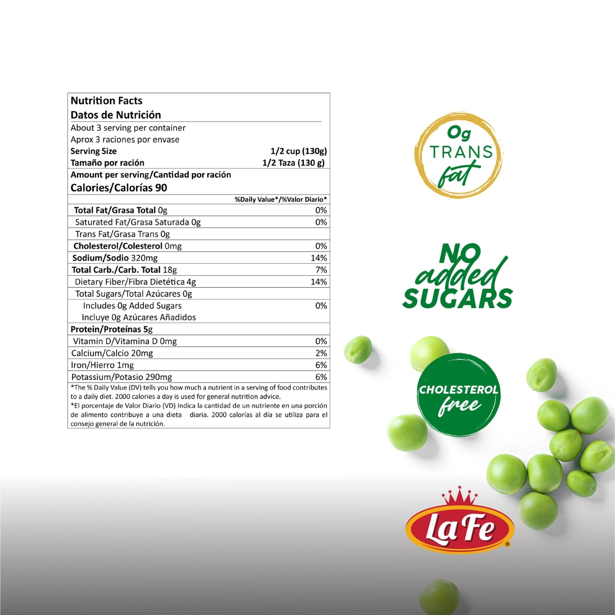 Nutrition facts for La Fe Green Pigeon Peas, highlighting no added sugars, cholesterol-free, and quality Latin food.