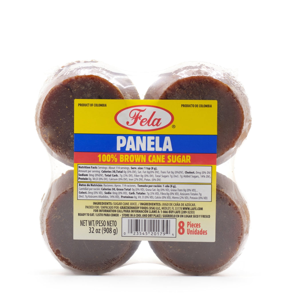 FELA PANELA TEJITOS 32 oz pack featuring 100% brown cane sugar, authentic Latin flavors, perfect for desserts.
