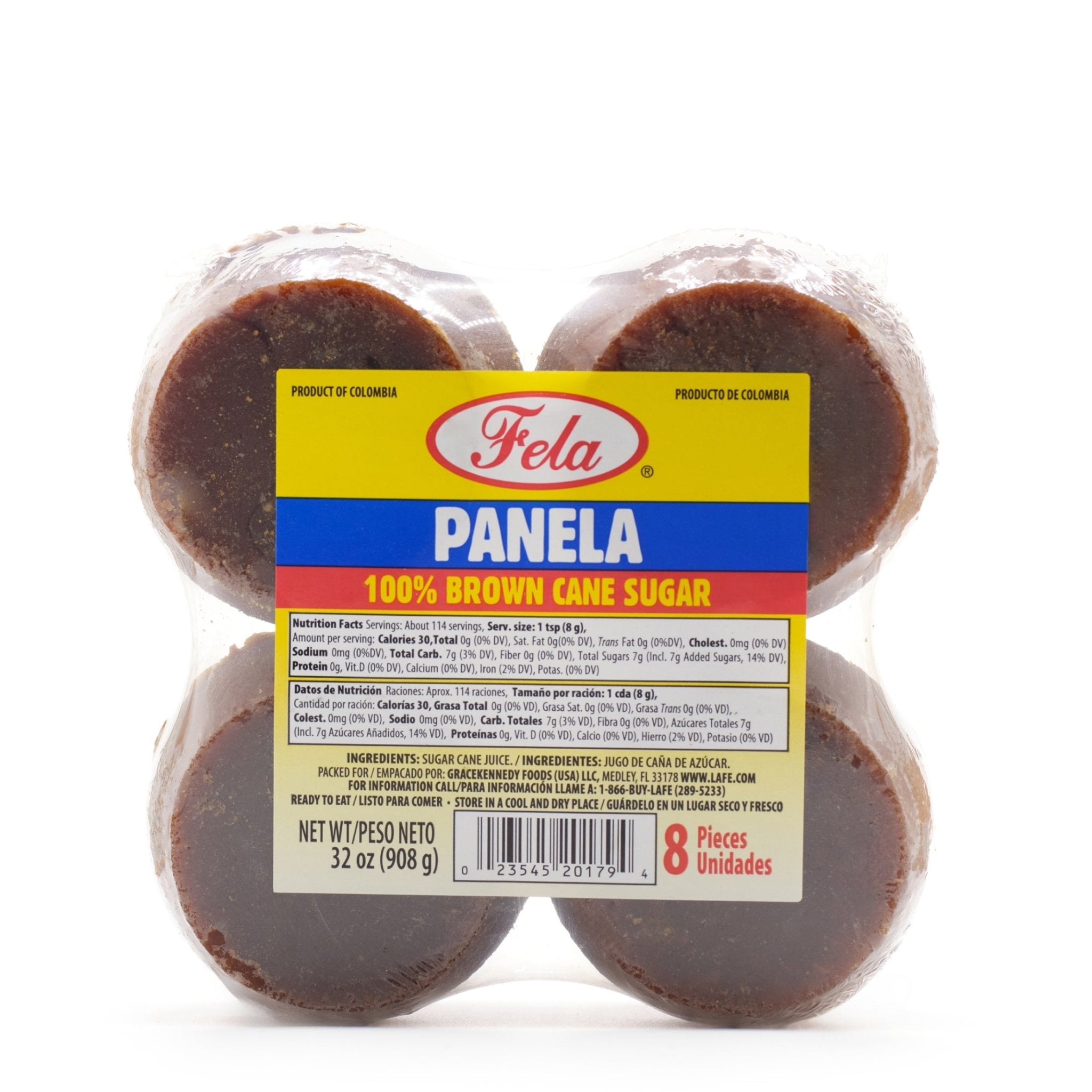 FELA PANELA TEJITOS 32 oz pack featuring 100% brown cane sugar, authentic Latin flavors, perfect for desserts.