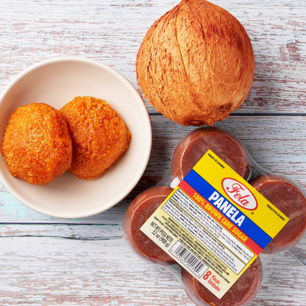 FELA PANELA TEJITOS, traditional 100% brown cane sugar, featuring delicious, authentic Latin flavors, perfect for desserts.