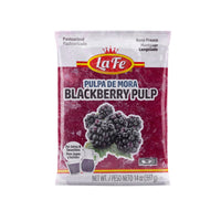 La Fe Pulp Mora 14 oz pack, delicious blackberry pulp for smoothies and desserts, authentic Latin food, quality Latin grocery.