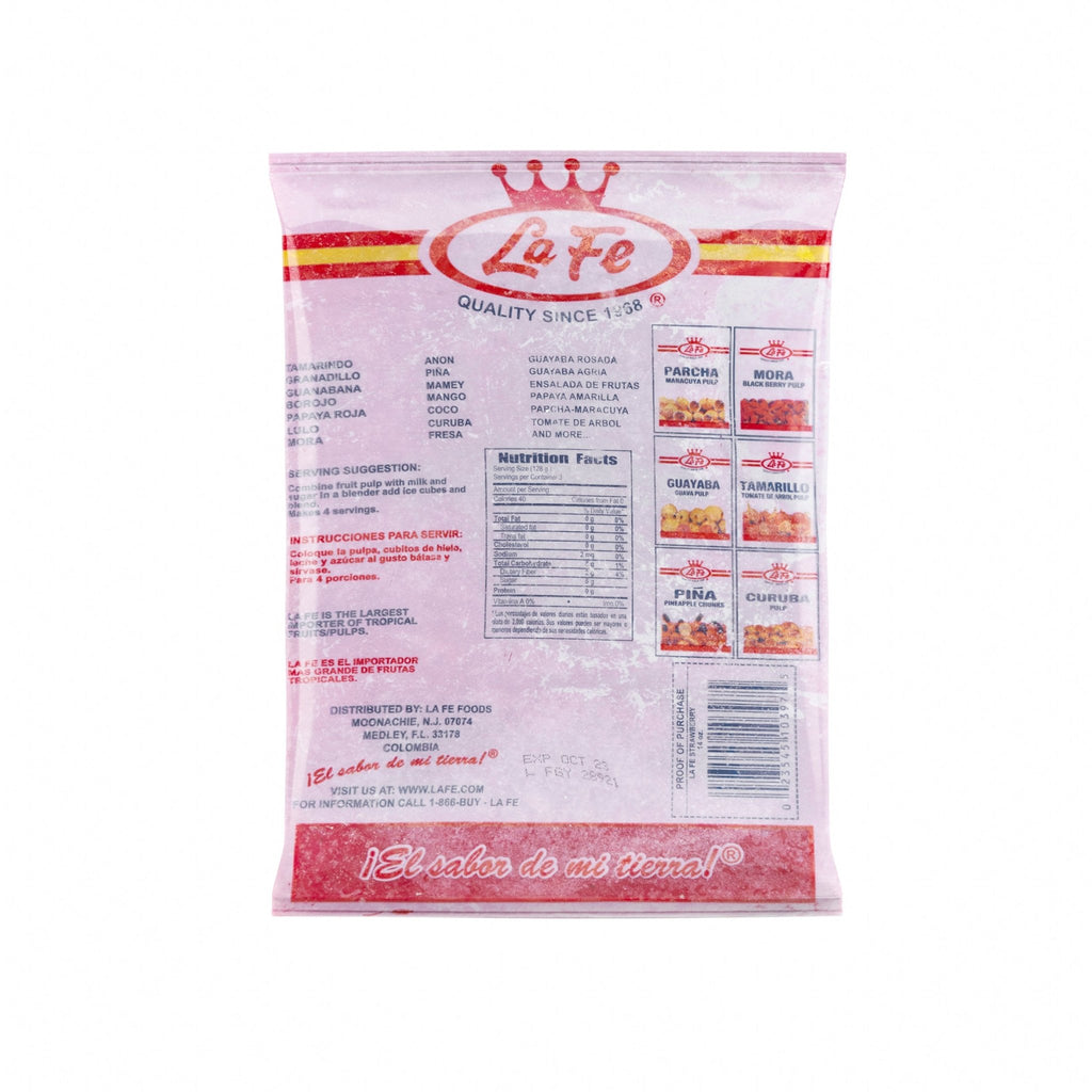La Fe Pulp Mora packaging showcasing nutritional info and branding, perfect for quality Latin foods and authentic flavors.