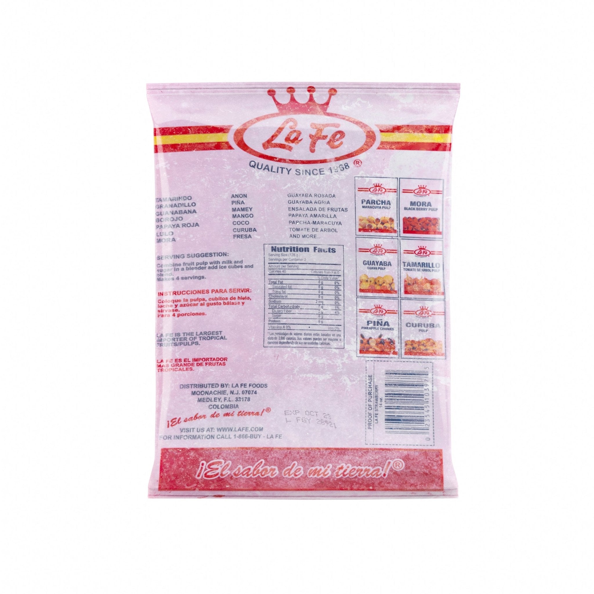 La Fe Pulp Mora packaging showcasing nutritional info and branding, perfect for quality Latin foods and authentic flavors.