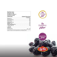 Nutrition facts for La Fe Pulp Mora featuring blackberries, highlighting dietary fiber, quality ingredients, and low calories.