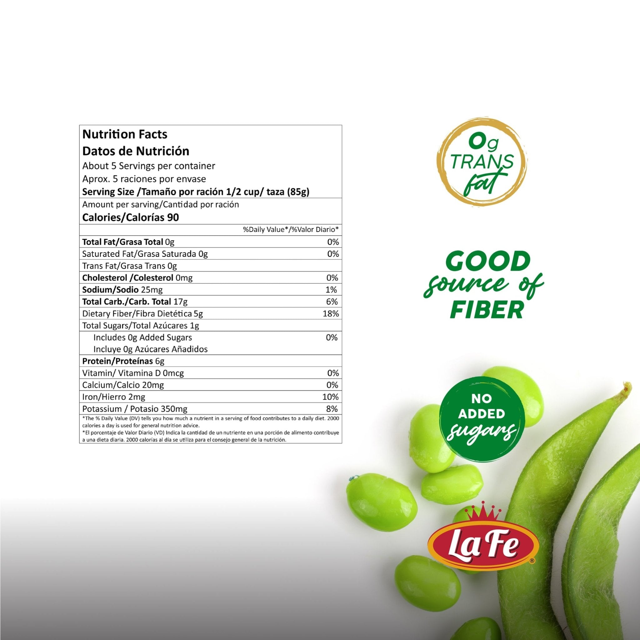 Nutrition label for La Fe Baby Lima Beans; rich in fiber, no added sugars, and 0g trans fat, a quality Latin food option.