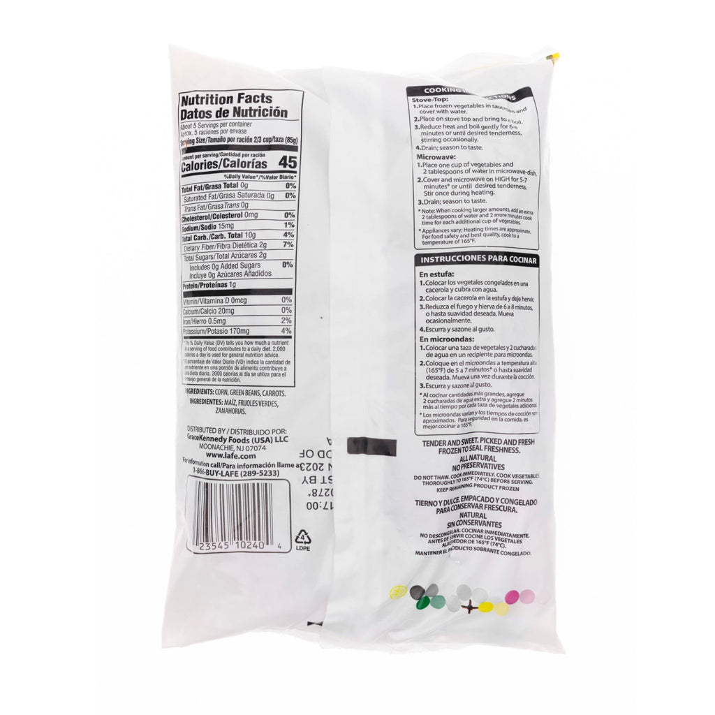 La Fe Veg-1 Mixed Vegetables packaging with nutrition facts, a quality option for authentic Latin food.