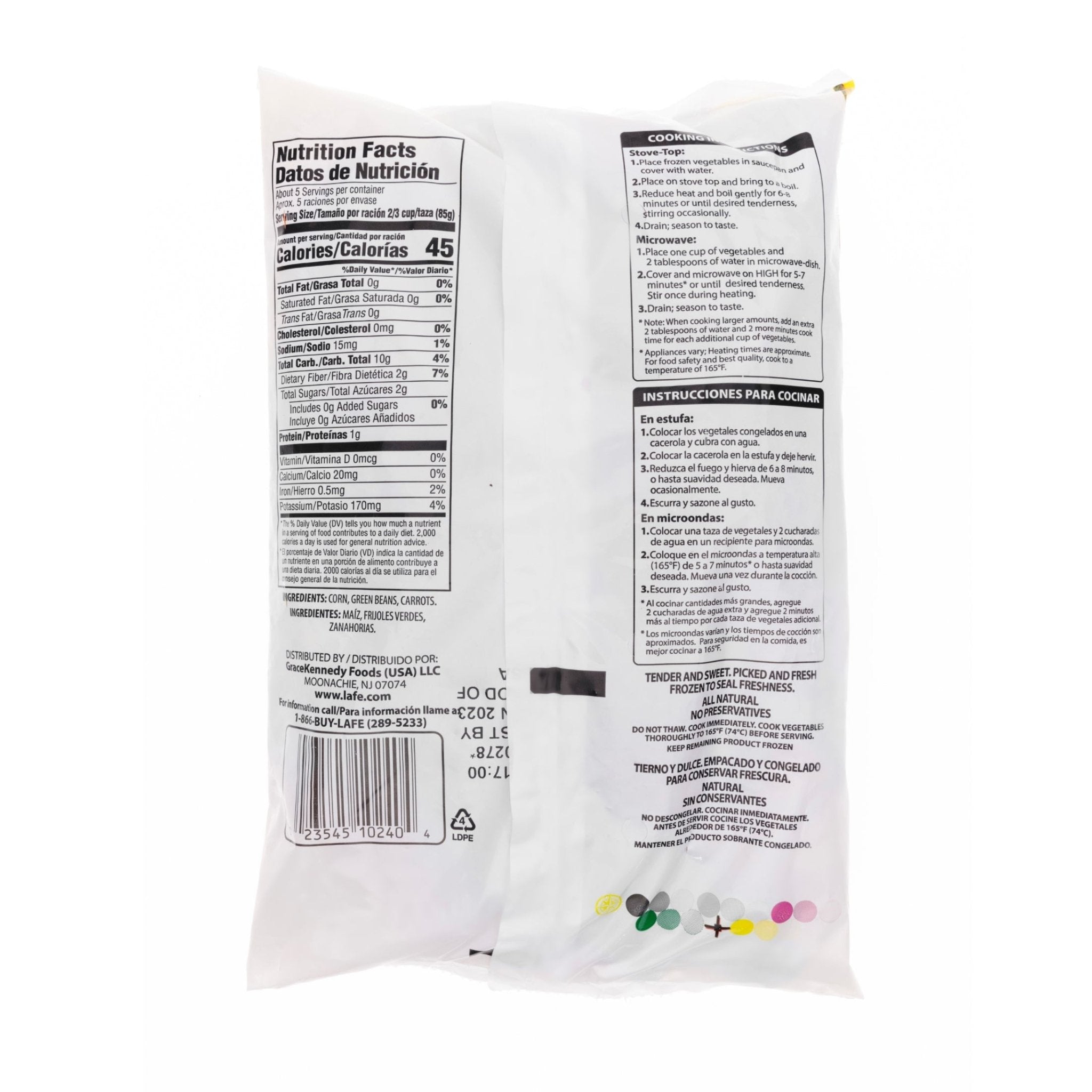 La Fe Veg-1 Mixed Vegetables packaging with nutrition facts, a quality option for authentic Latin food.