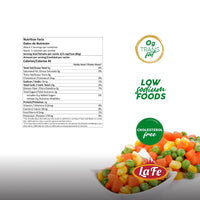 Nutrition label for La Fe Mixed Vegetables, showcasing low sodium, cholesterol-free, and no trans fat attributes.