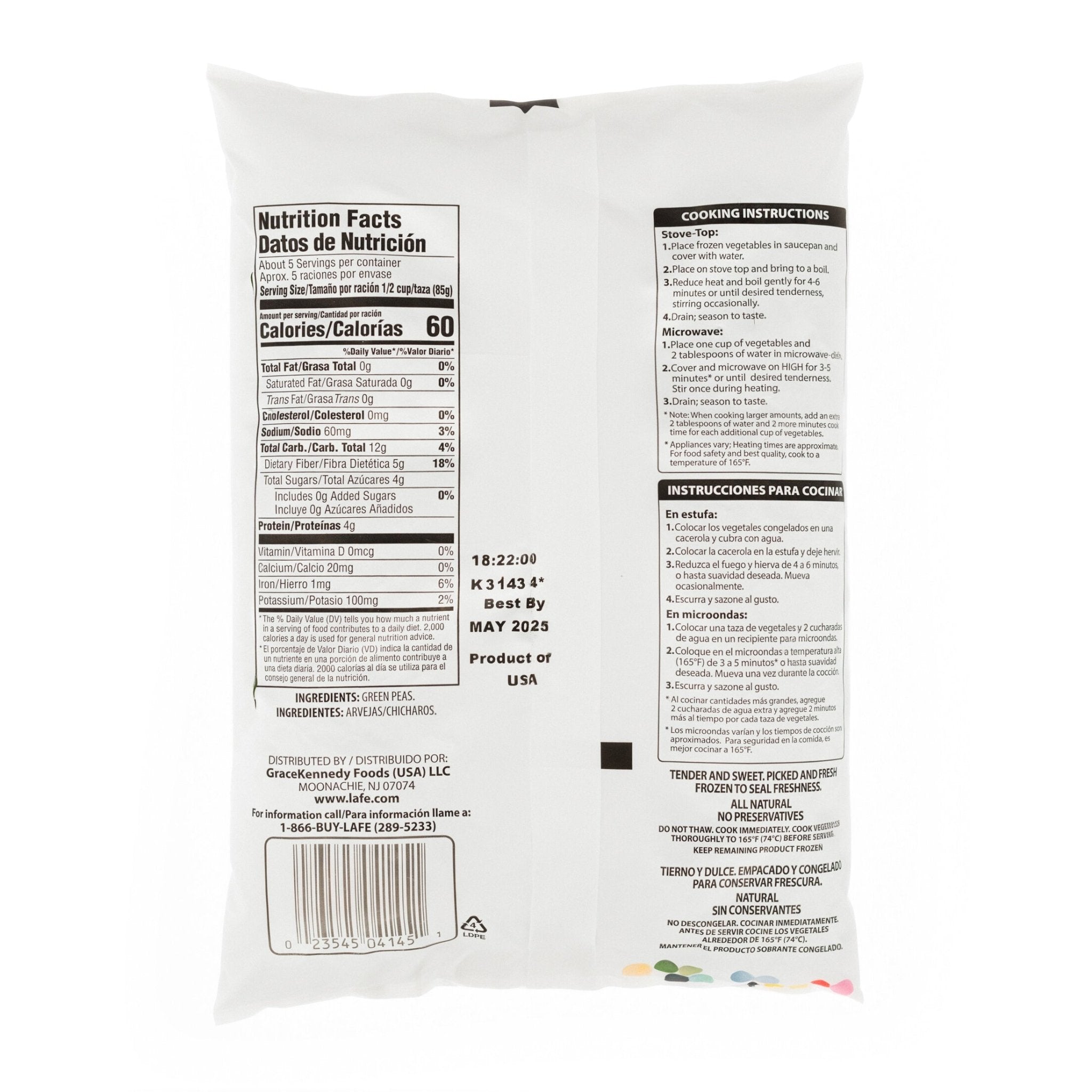 Nutrition facts and cooking instructions for LA FE Veg-1 Green Peas, a quality Latin food product.