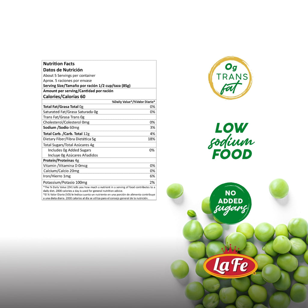 Nutrition facts label for La Fe Veg-1 Green Peas, highlighting low sodium, no added sugars, and 0g trans fat.