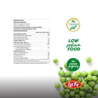Nutrition facts label for La Fe Veg-1 Green Peas, highlighting low sodium, no added sugars, and 0g trans fat.
