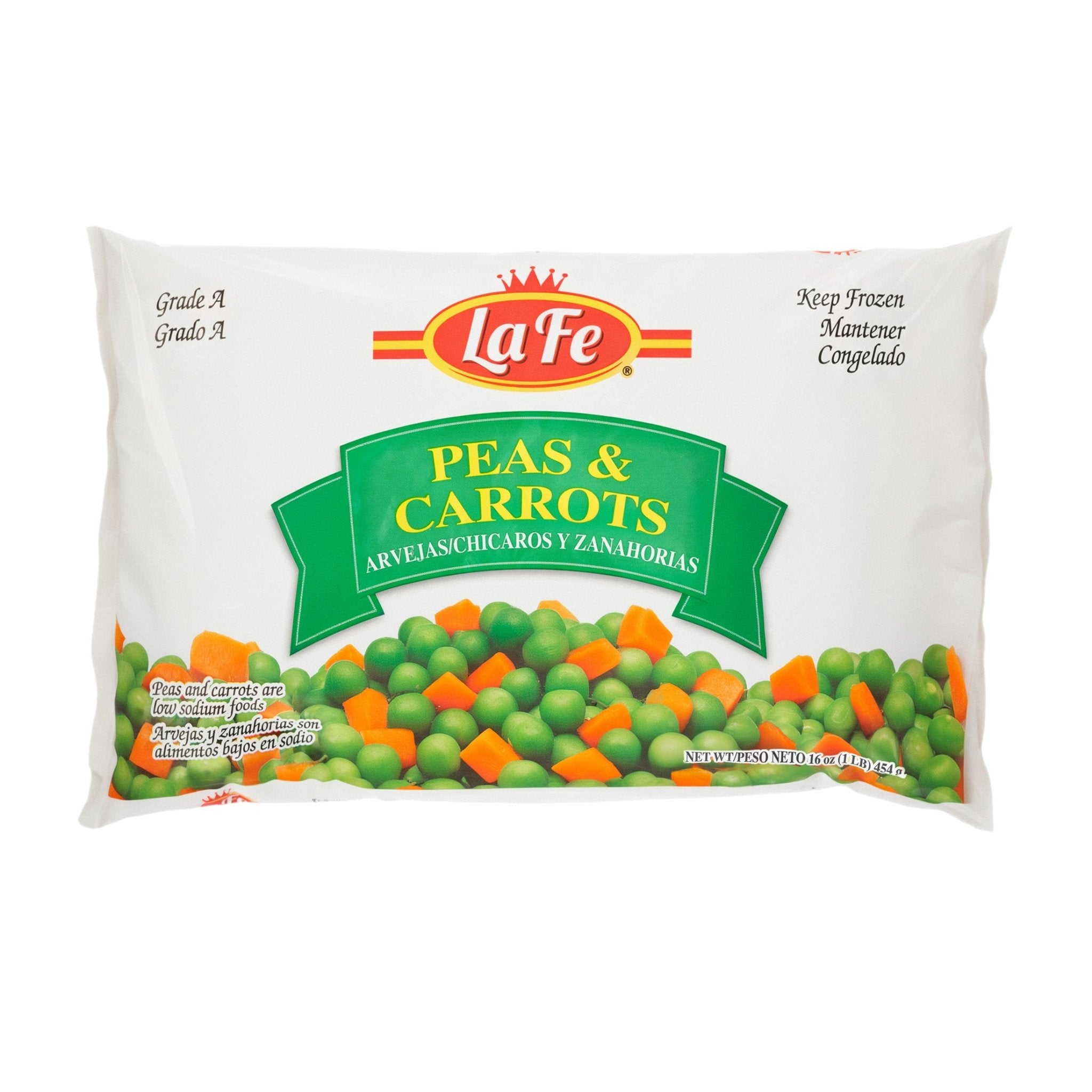 La Fe Peas & Carrots blend, frozen vegetables perfect for authentic Latin cuisine and healthy meals, calidad y sabores latinos.