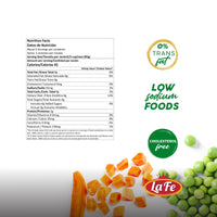 Nutrition facts for La Fe Peas & Carrots, highlighting low sodium and cholesterol-free benefits for healthy eating.