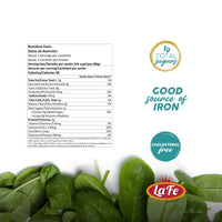 Nutrition facts label for La Fe Spinach highlighting iron content, cholesterol-free, and essential nutrients for calidad latina.