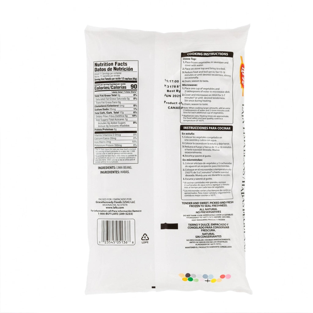 Back packaging of LA FE VEG-2 BABY LIMA with nutrition facts and cooking instructions, highlighting quality Latin food.