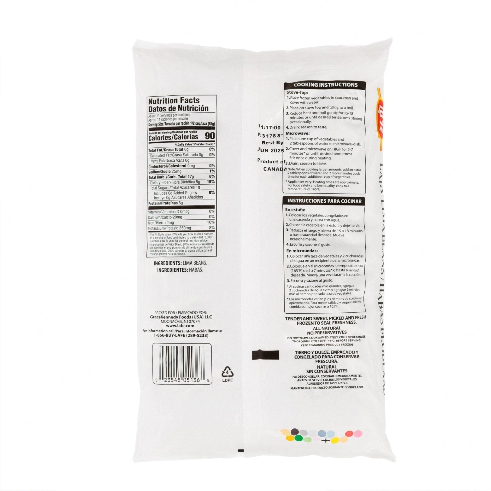 Back packaging of LA FE VEG-2 BABY LIMA with nutrition facts and cooking instructions, highlighting quality Latin food.