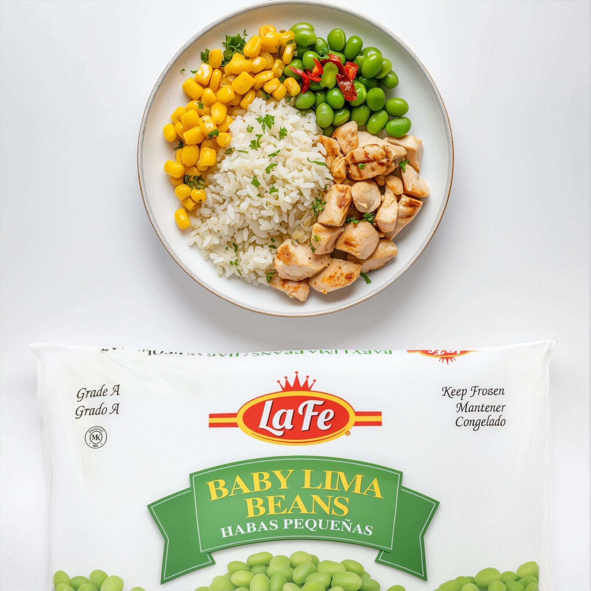 Delicious LA FE Baby Lima Beans served with rice, chicken, and corn in an appealing bowl, showcasing quality Latin foods.