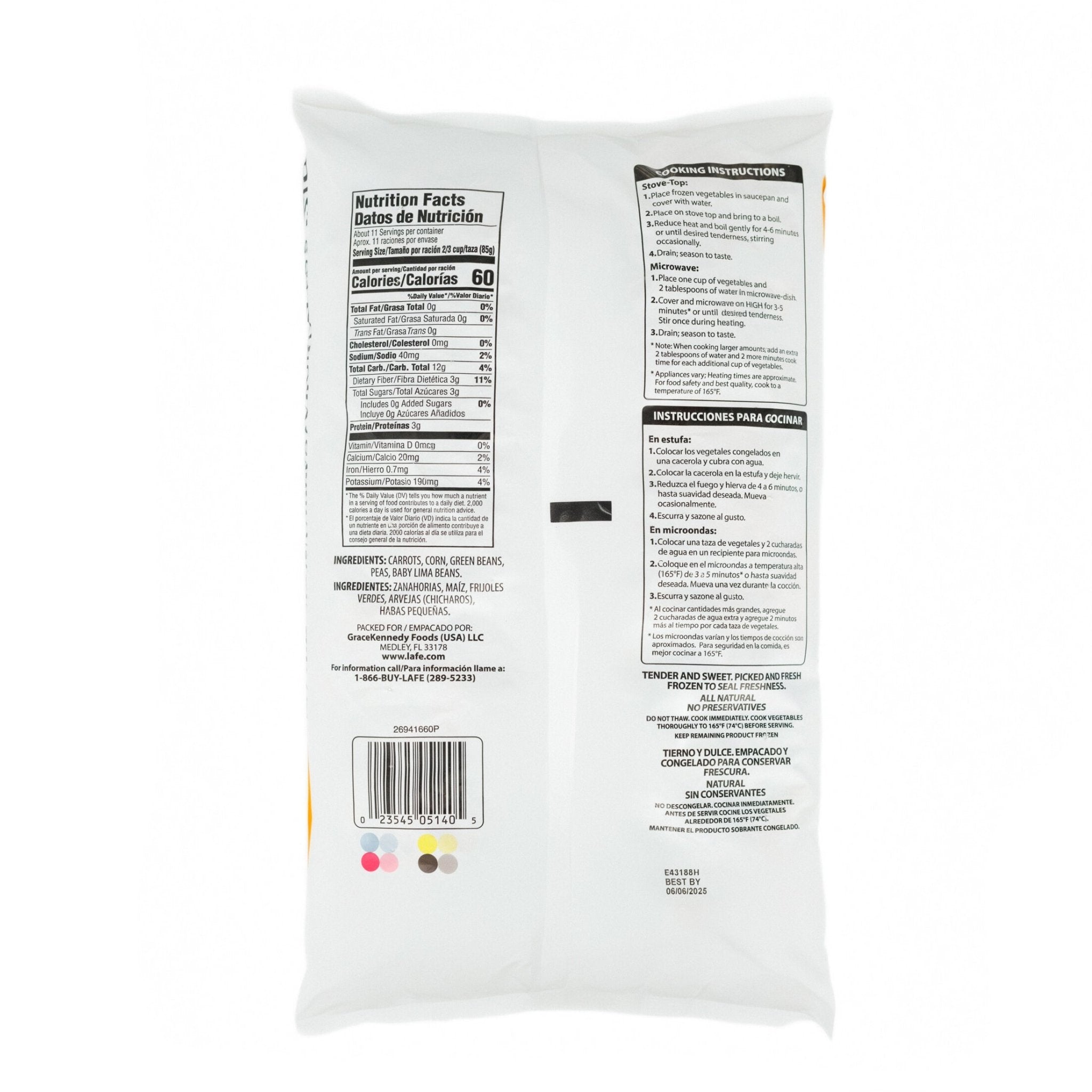 Nutrition label of La Fe Mixed Vegetables, a quality Latin food product for vibrant and authentic Latin meals.