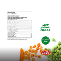 Nutrition facts label for La Fe Veg-2 Peas & Carrots, showcasing low sodium and cholesterol-free benefits.