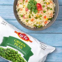 LA FE Green Peas pack next to a bowl of colorful rice, showcasing fresh latin food options and quality frozen vegetables.