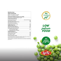 Nutrition facts for La Fe Green Peas showcasing low sodium and no added sugars, ideal for quality Latin foods.