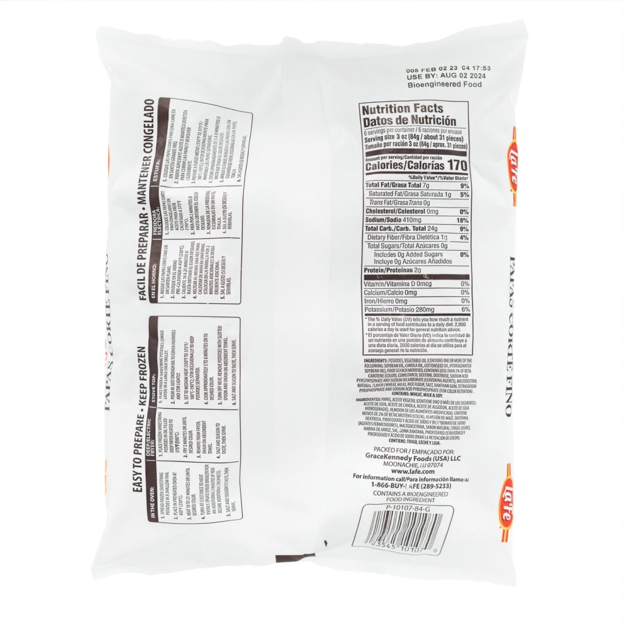 LA FE FRIES SHOESTRING packaging with nutrition facts, offering authentic Latin flavors and quality frozen food.