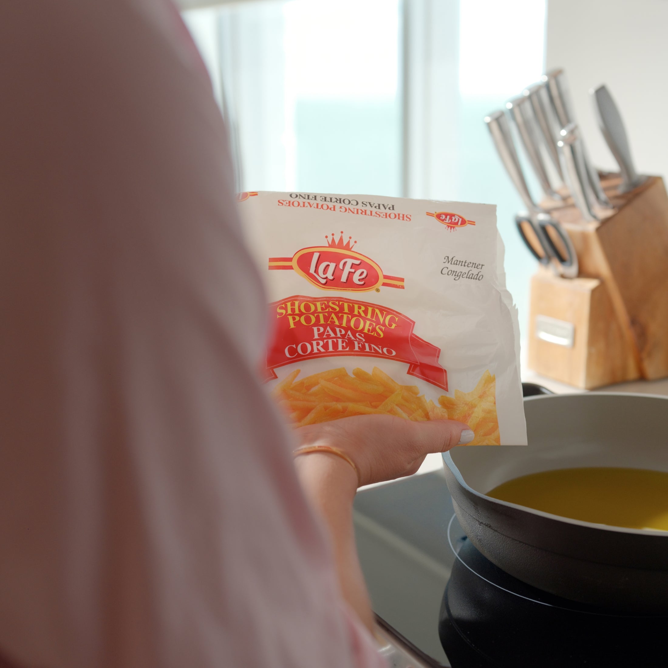La Fe Fries Shoestring package being prepared in a kitchen for authentic Latin cooking.