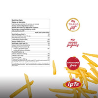 LA FE Fries Shoestring nutrition facts label with zero trans fat, no added sugars, and cholesterol-free guarantee.