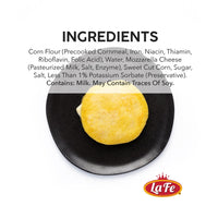 LAFE Sweet Corn Arepa ingredients list featuring corn flour and mozzarella cheese on a black plate, highlighting quality Latin food.
