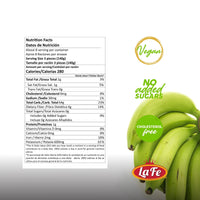 Nutrition facts for La Fe Family Pack Tostones, highlighting vegan, no added sugars, and cholesterol-free attributes.