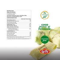 Nutrition facts for La Fe Tamal de-ELOTE, highlighting potassium, cholesterol-free, and trans fat info.