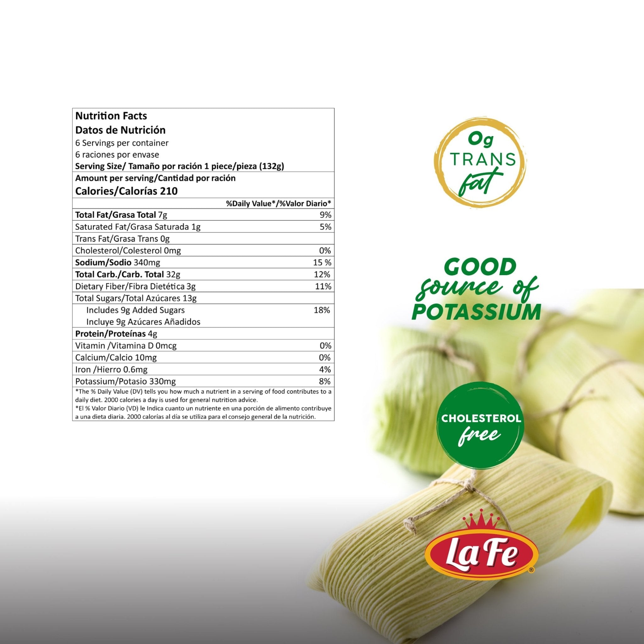 Nutrition facts for La Fe Tamal de-ELOTE, highlighting potassium, cholesterol-free, and trans fat info.