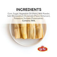 Ingredients for LA FE Tamal De-Elote: corn, sugar, milk powder, salt, and more for authentic Latin flavor.
