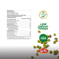 Nutrition facts for La Fe frozen pigeon peas, highlighting low sodium and fiber content, ideal for quality Latin foods.
