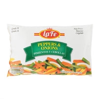 La Fe Peppers & Onions 12 oz frozen blend of fresh peppers and onions, perfect for authentic Latin dishes.