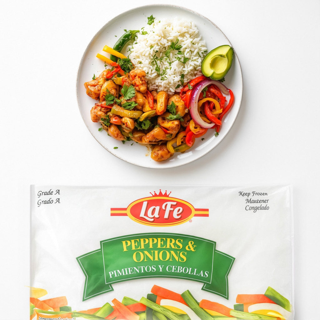 Delicious plate of rice and La Fe Blend Peppers & Onions, perfect for authentic Latin food lovers.