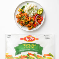 Delicious plate of rice and La Fe Blend Peppers & Onions, perfect for authentic Latin food lovers.