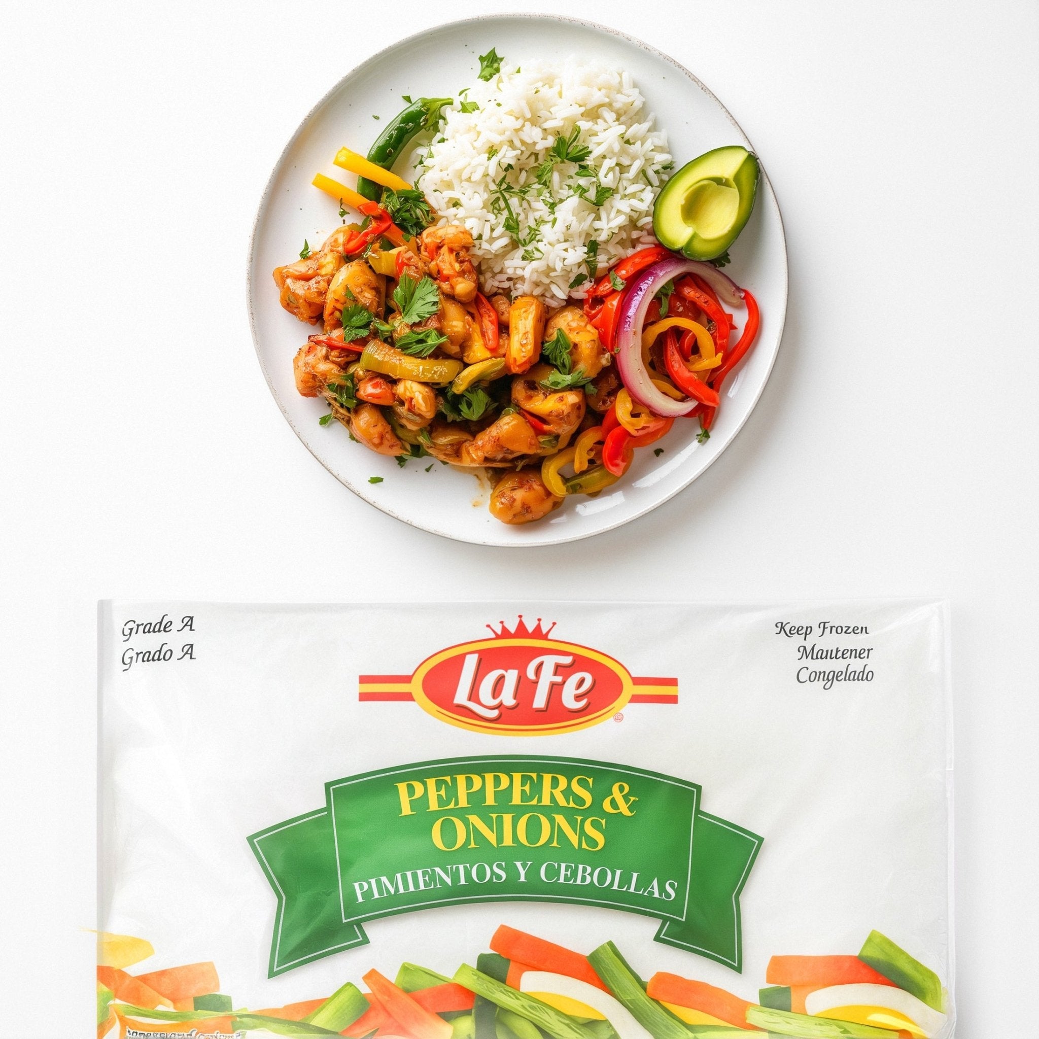 Delicious plate of rice and La Fe Blend Peppers & Onions, perfect for authentic Latin food lovers.