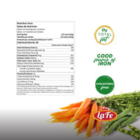 Nutrition facts for La Fe Veg Can Peas & Carrots, featuring ingredients and health benefits, perfect for quality Latin foods.
