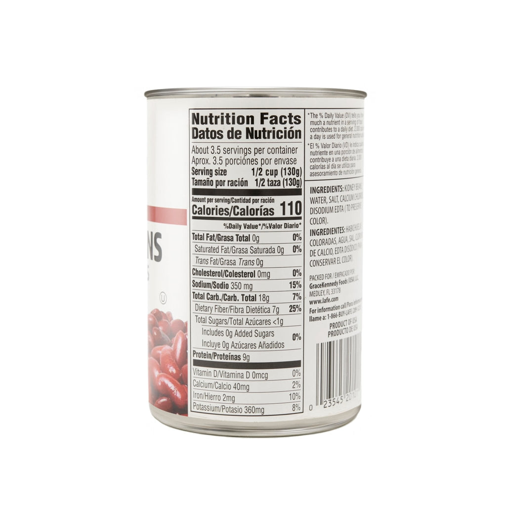Nutrition facts label on a can of LAFE BEANS RED KIDNEY, perfect for healthy Latin cooking.