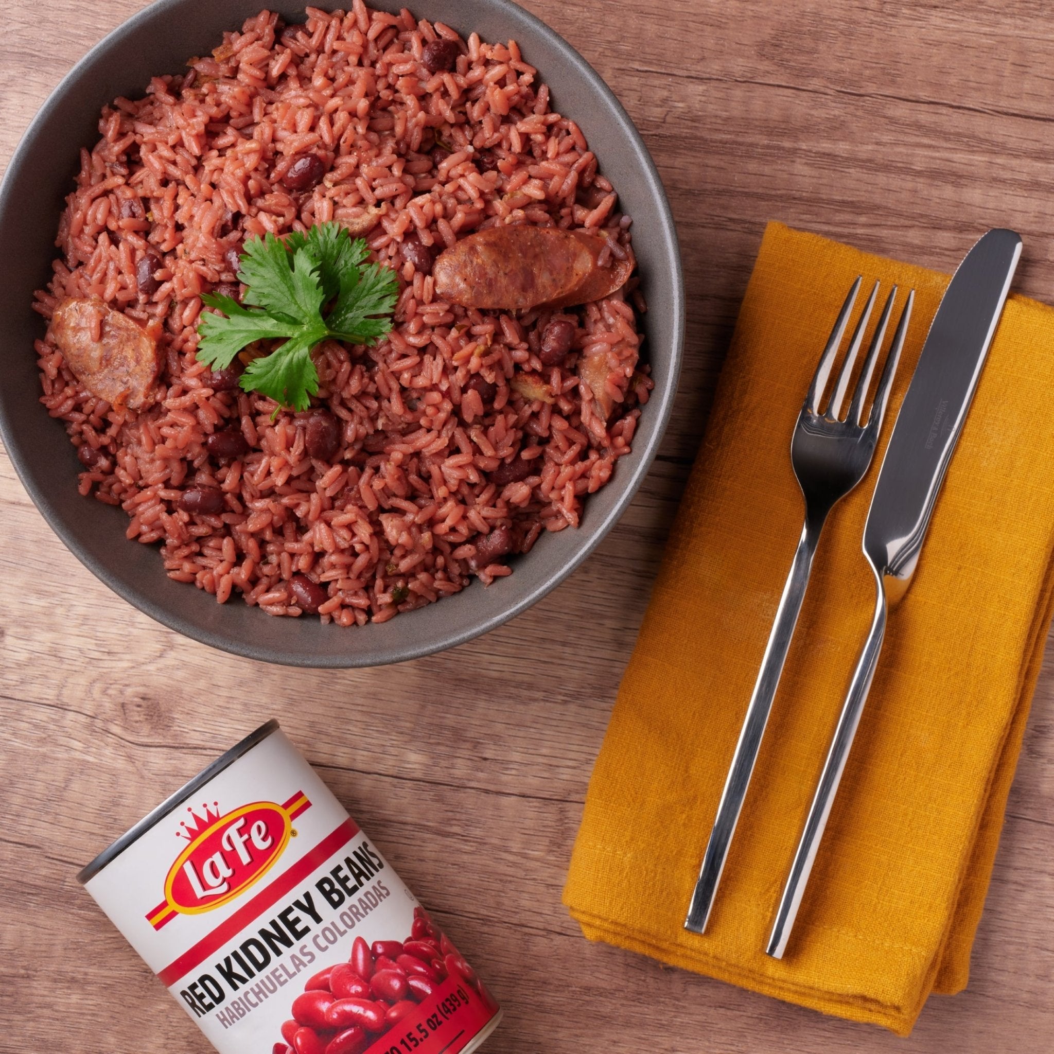 Delicious Lafe red kidney beans paired with flavorful rice, showcasing quality Latin food for healthy meals.
