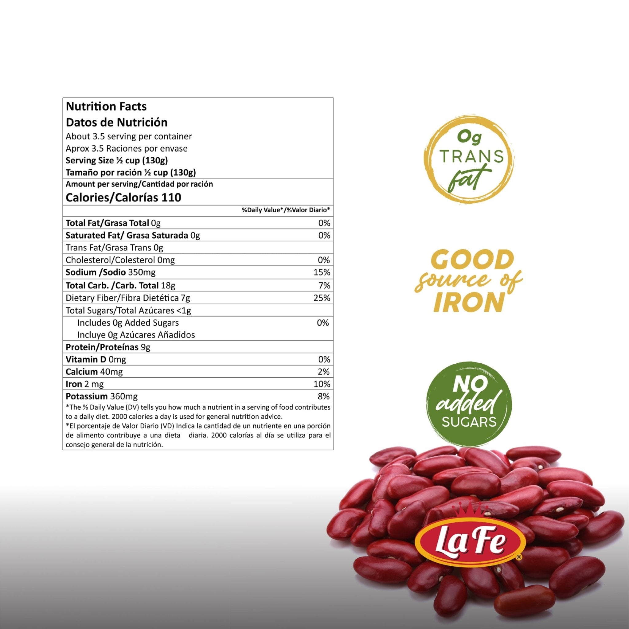 Nutrition facts for LAFE BEANS RED KIDNEY, highlighting protein, no added sugars, and a good source of iron.