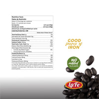 Nutrition facts for LA FE BEANS-15 BLACK showing fiber, protein, and iron content. Ideal for fresh Latin food recipes.