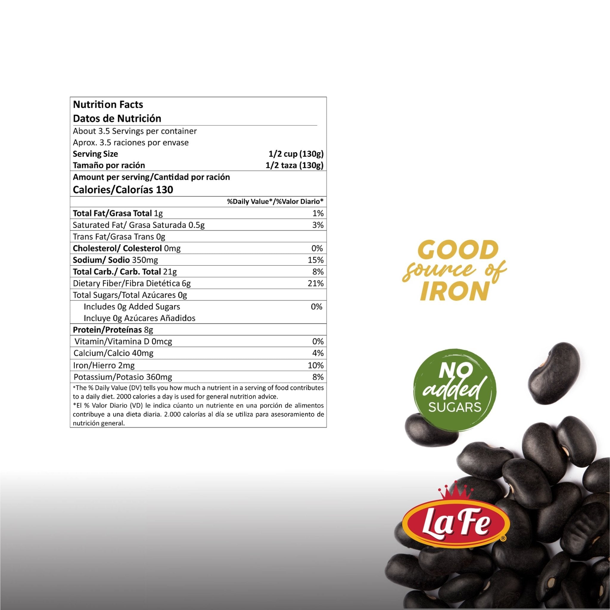 Nutrition facts for LA FE BEANS-15 BLACK showing fiber, protein, and iron content. Ideal for fresh Latin food recipes.