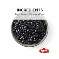 Black beans in a bowl with ingredients listed: black beans, water, and salt for quality Latin food.