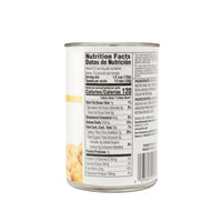 Nutrition facts label for LA FE BEANS Chick Peas, showcasing quality Latin food rich in protein and fiber, ideal for healthy meals.