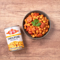 La Fe chickpeas in a bowl with sausage, showcasing healthy Latin food flavors and quality ingredients.