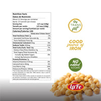 Nutrition facts for La Fe Chick Peas, highlighting protein, fiber, and health benefits for quality Latin food.